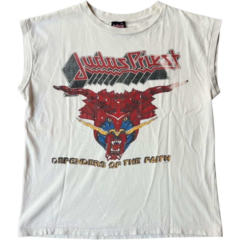 Judas Priest 1984 Tour Shirt Defenders of the Faith Muscle Tee White Auhentic